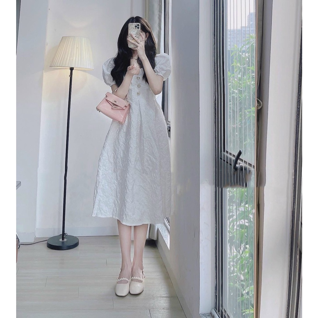 (Miễn Phí Ship 2022) Đầm gấm nữ đi tiệc,đầm thiết kế nút ngọc tay phồng dáng xòe có mút,hàng chuẩn shop lên from xinh