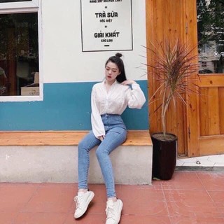 quần bò ôm trơn cạp cao