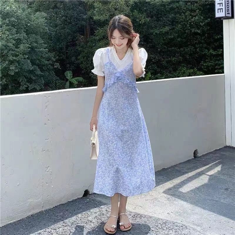 Đầm Giả Hai Mảnh Cổ Chữ V Thiết Kế Mỏng Nhẹ Ngọt Ngào Phong Cách Pháp Mới Cho Nữ