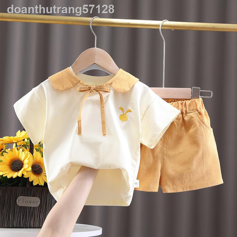 ◊Quần áo bé gái mùa hè 2021 mới áo thun cổ tròn tai thỏ nữ tay ngắn quần culottes chống chói Bộ đồ trẻ em