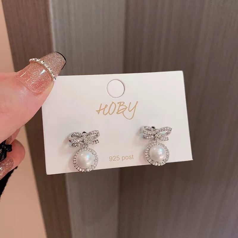 S925 Bông tai ngọc trai Bông tai bạc Nơ Bông tai tròn Bông tai thời trang Phụ kiện Trang sức Quà tặng