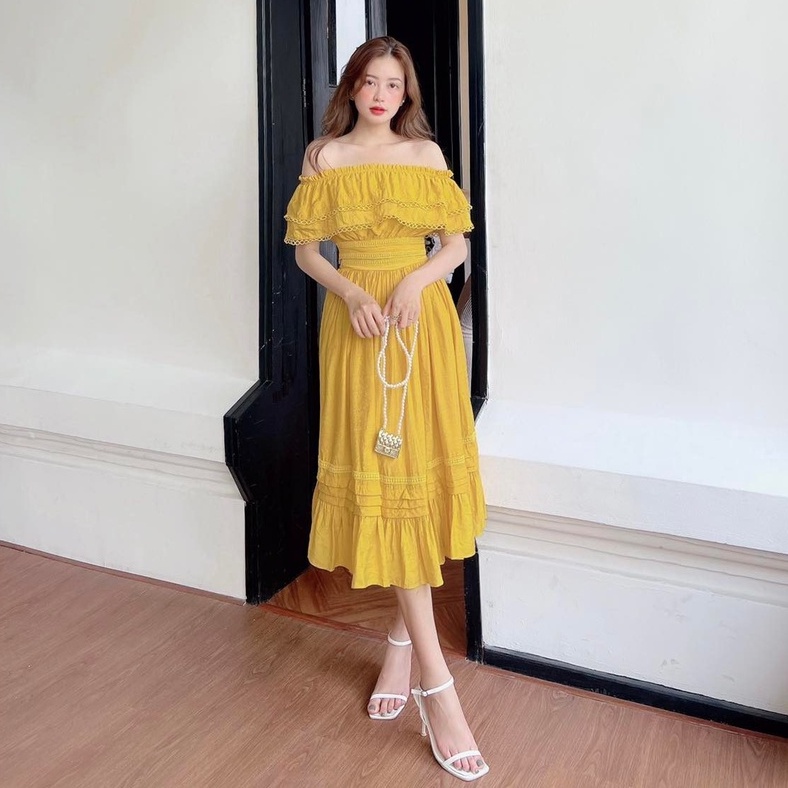 [Ảnh thật] Set áo trễ vai bèo chân váy midi viền ren siêu xinh