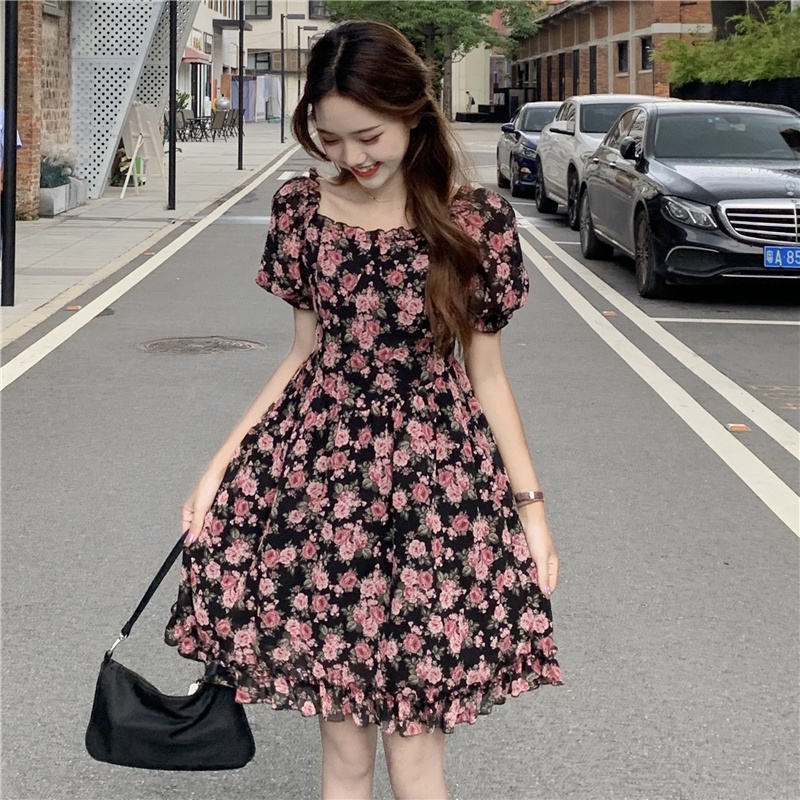 Đầm ZHELIHANGFEI chiffon có lớp lót tay ngắn phồng thiết kế trễ vai in họa tiết hoa thời trang
