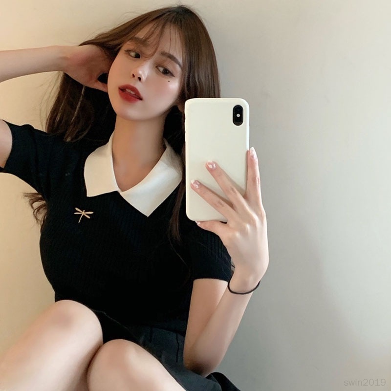 Áo Croptop Dệt Kim Dáng Ôm Thêu Họa Tiết Xinh Xắn Thời Trang Hàn Quốc Cho Nữ