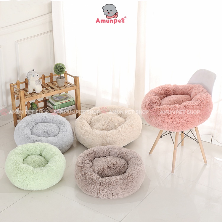 Ổ Đệm Nằm Cho Chó Mèo Vải Nhung Lông Siêu Mềm Mịn, Nệm Cho Thú Cưng Lớn Nhỏ Nằm Ngủ Loại Tròn Cao Cấp Amun Pet