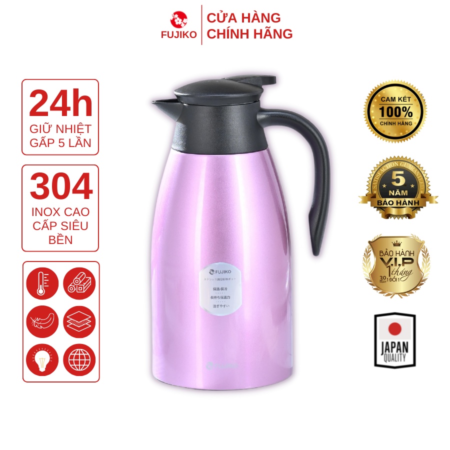 Phích Giữ Nhiệt FUJIKO F600 Inox 304 Lõi Chân Không Mạ Đồng 2000ml - Hồng Cánh Sen
