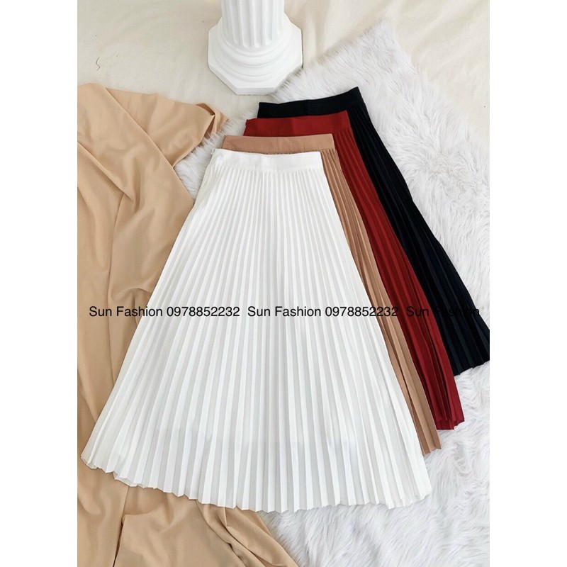 Chân Váy Quạt Dập Li Xếp Li Dài Midi Vintage Qua Lối Lịch Sự Đi Làm Đi Chơi May 2 Lớp Lưng Khoá Kéo Bên Hông