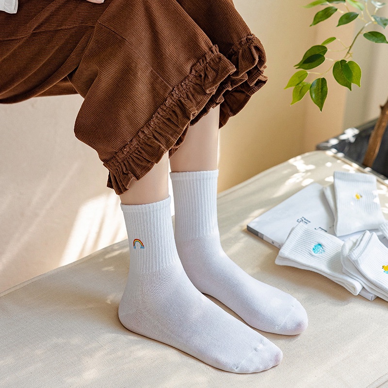 Tất vớ cổ cao nữ trắng nhún phong cách Nhật Hàn thêu hình thời tiết dễ thương chất liệu cao cấp hợp mùa hè HANASO TD051