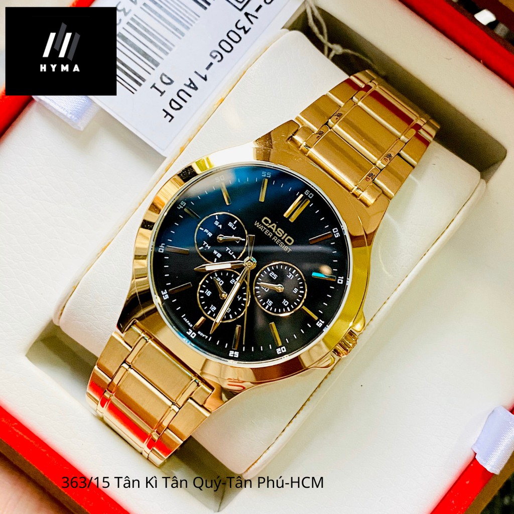 Đồng hồ nam nữ - Đồng hồ đôi mạ vàng Casio V300G-1A mặt đen chống nước Bảo hành 1 năm Hyma watch