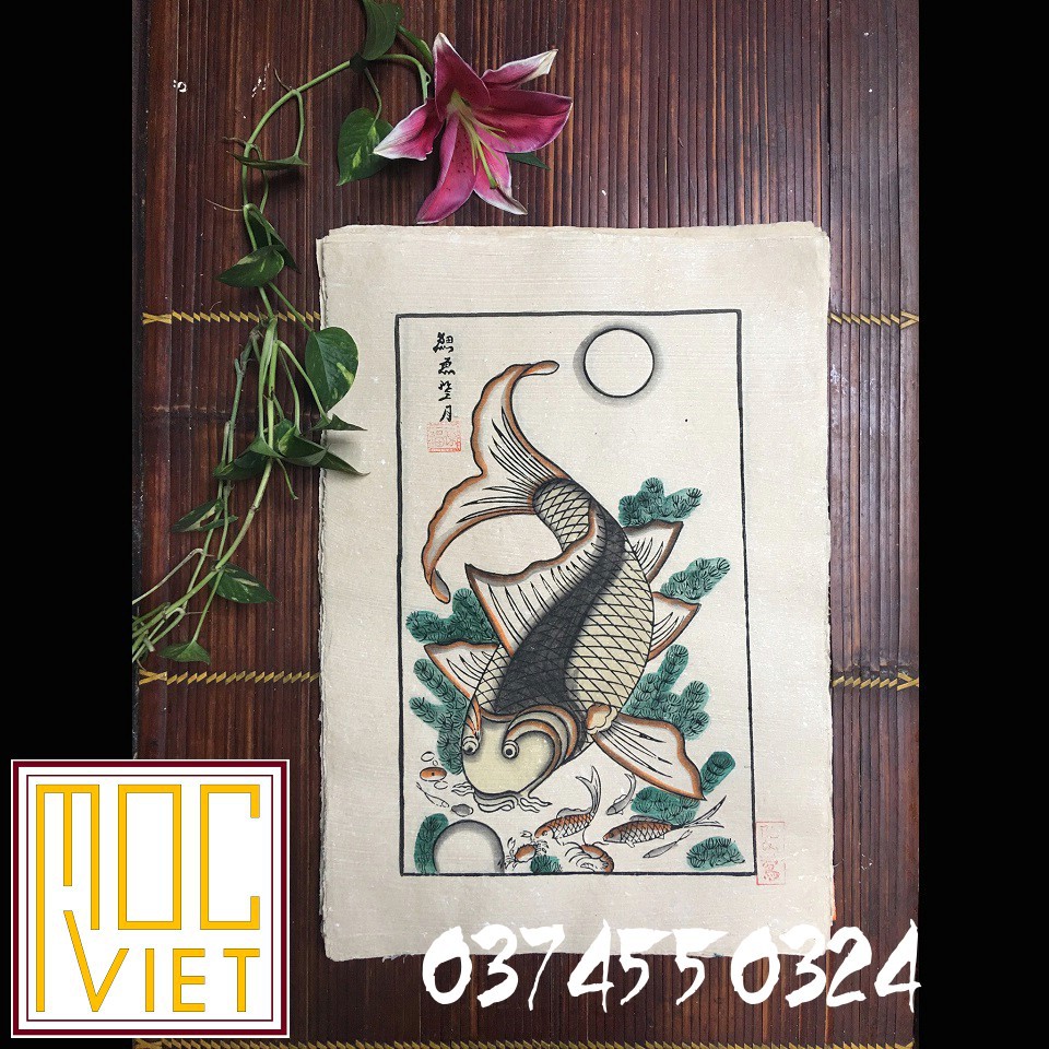 Tranh Đông Hồ Lý Ngư Vọng nguyệt - khổ 37x52cm