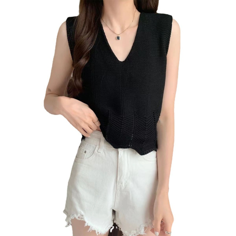Brroa Áo Dệt Kim Sát Nách Cổ Chữ V Màu Trơn Gợi Cảm Mùa Hè Viền Lượn Sóng Cho Nữ Casu