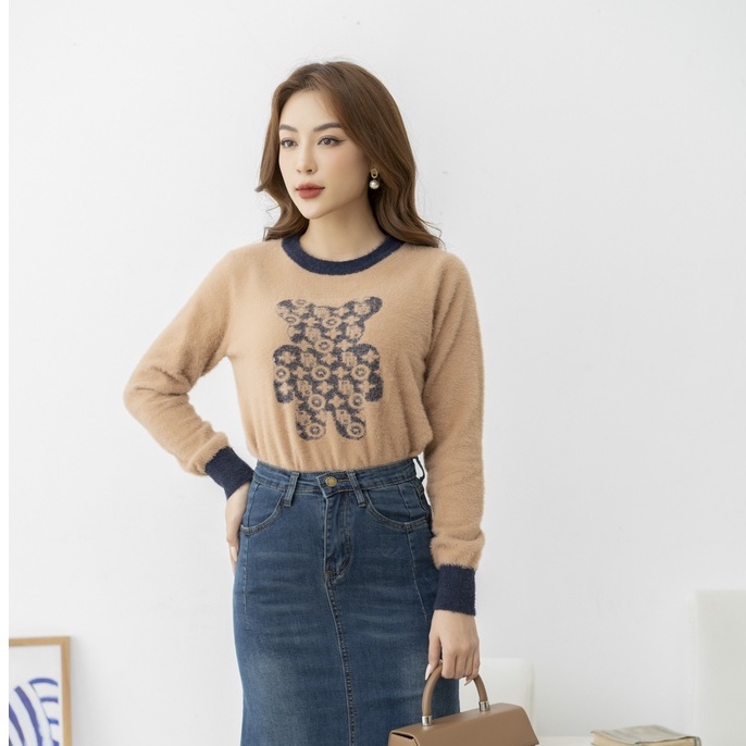 Áo len nữ cổ tròn Fiona, Áo len dệt họa tiết hình gấu xinh xắn mã F852757