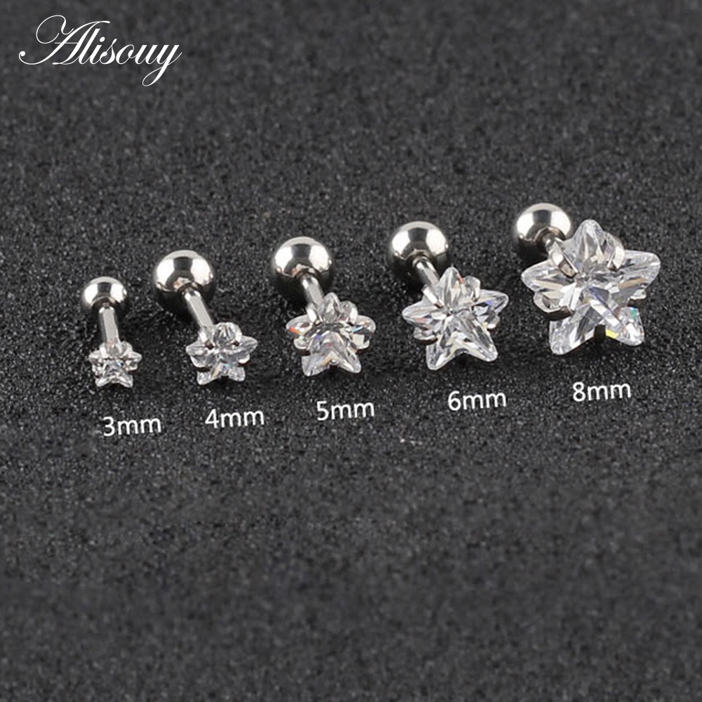 Alisouy 2 Miếng Trang Sức Thời Trang Bông Tai Ngôi Sao Zircon Prong Set Top Bên Trong Ren Môi Xuyên Daith Sụn Xoắn Xuyên Bông Tai