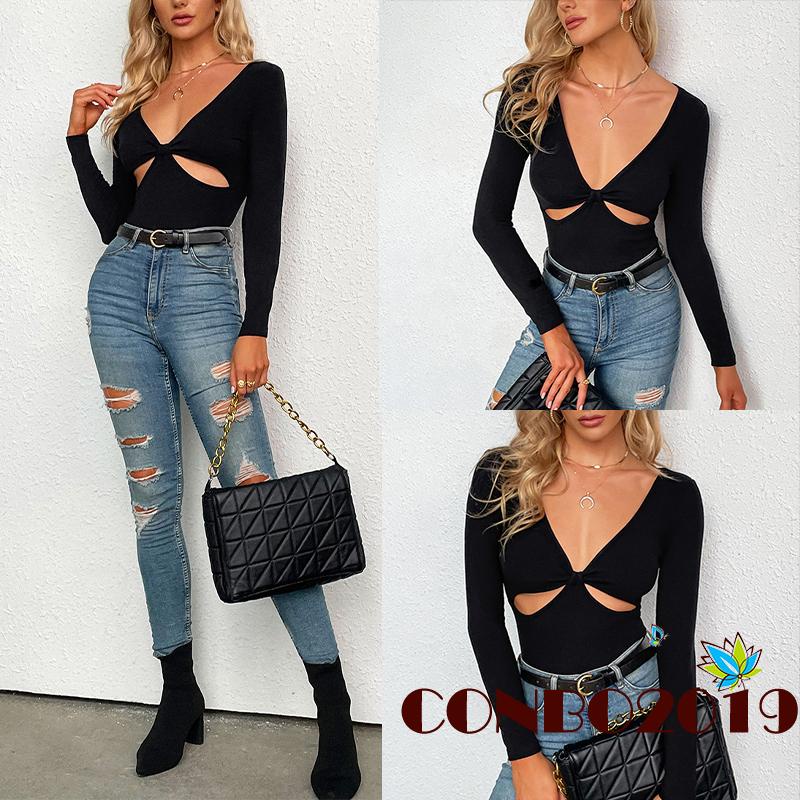 HGM-Women´s T-Shirt Solid Color Long Sleeve V-Neck Design Hollow Slim Fit Versatile Casual Tops