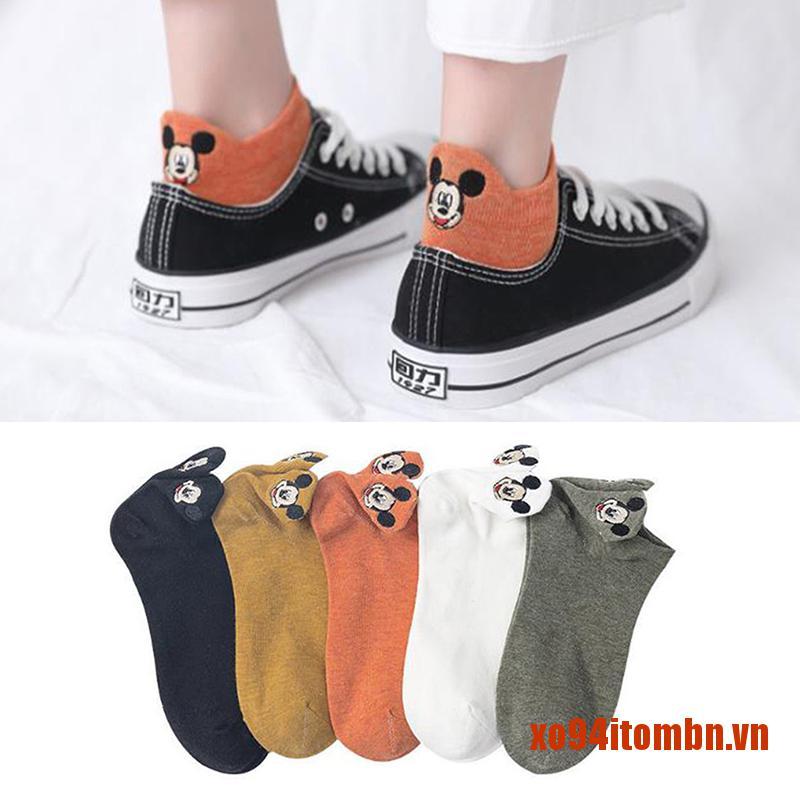Vớ Cotton Cổ Ngắn Thêu Hình Chuột Mickey Dễ Thương