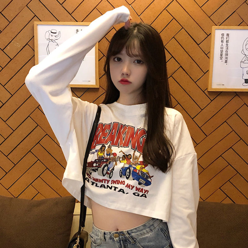 Áo Thun Croptop Tay Dài Dáng Rộng In Họa Tiết Hoạt Hình Đáng Yêu Sành Điệu Cho Nữ