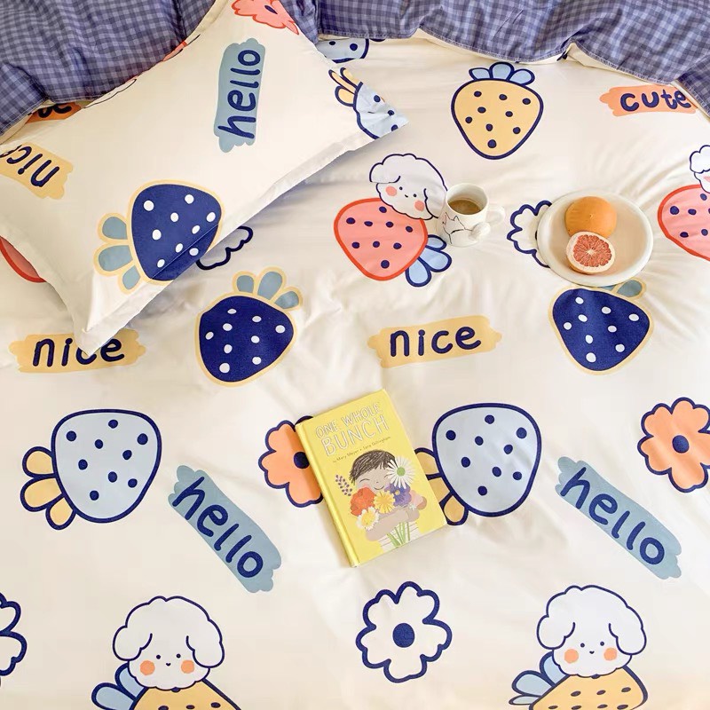 Bộ chăn ga gối cotton poly 2 mặt Lidaco decor phòng ngủ vintage - Dâu sắc màu ( SP001459)