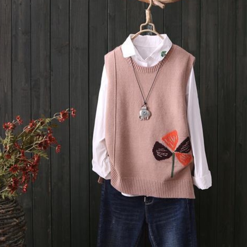 Áo Sweater Dệt Kim Không Tay Dáng Rộng Màu Sắc Tương Phản Phong Cách Retro Dành Cho Nữ