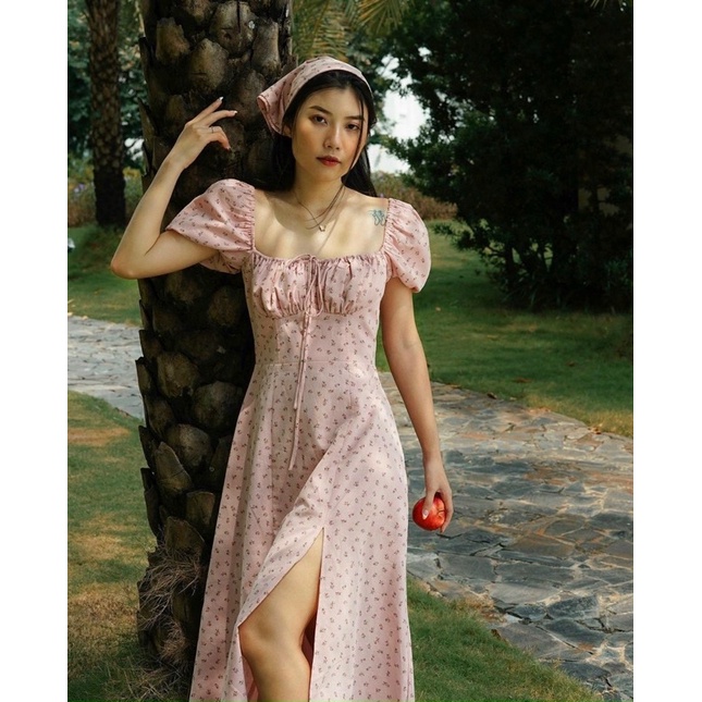 Váy maxi hoa nhí dáng dài cổ vuông xẻ tà phong cách ulzzang vingate