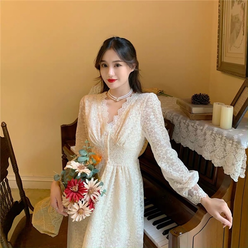 (ORDER.buiny)Đầm ulzzang công chúa ren xoè 2 lớp cổ V cao cấp dáng dài|váy ren thiết kế tiểu thư | BigBuy360 - bigbuy360.vn