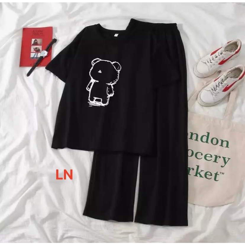 Set đồ nữ,đồ bộ bigsize nữ mặc nhà đi chơi ,Set áo phông gấu kèm quần ống rộng vải đen