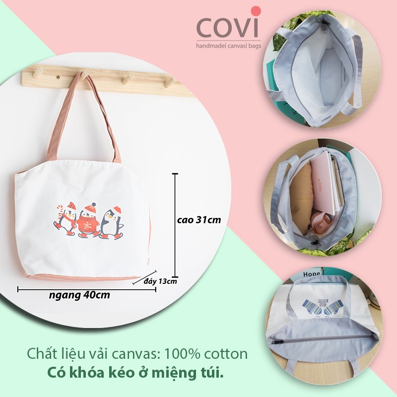 Túi tote vải canvas phom ngang phối hình in chủ đề thời trang COVI nhiều màu sắc T14