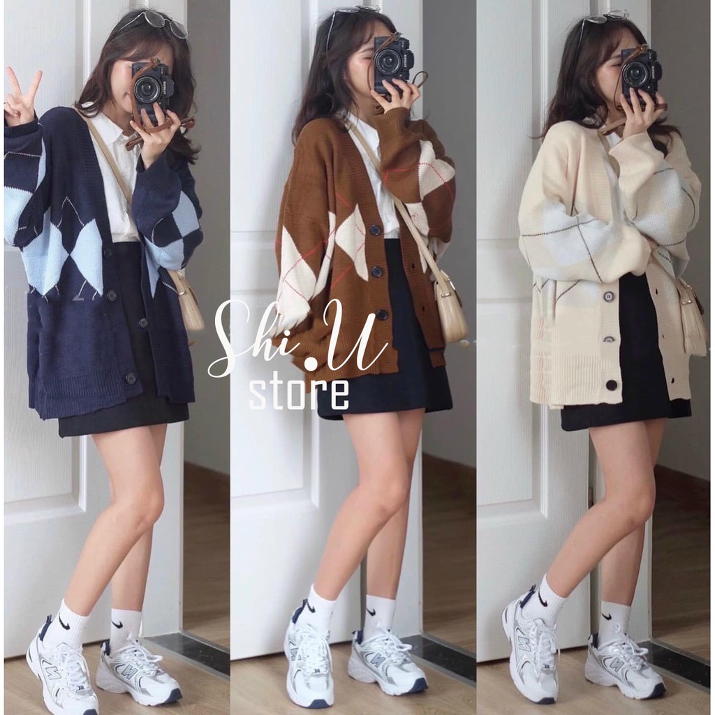Áo Khoác Len Cardigan Tay Dài Kẻ Caro Quả Trám Dáng Rộng Ulzzang Hàng QC Chất Dày Mịn | BigBuy360 - bigbuy360.vn