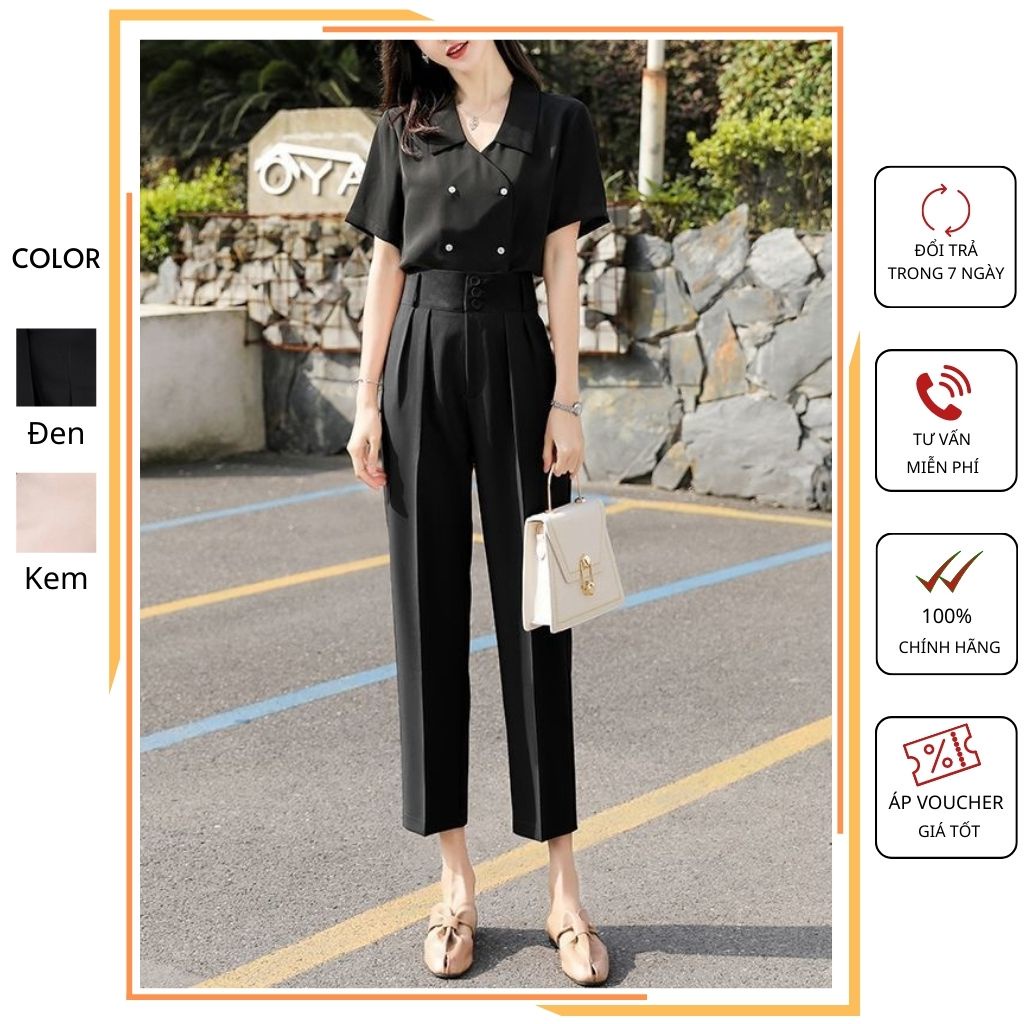 Quần baggy nữ cạp cao tây âu công sở phối 3 khuy, Chất VITEX Hàn size từ 45kg - 60kg