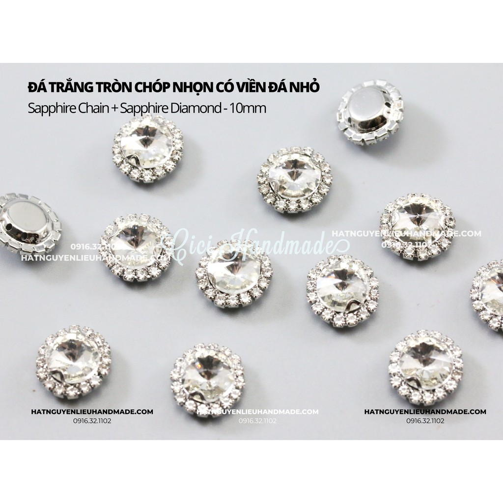 Đá trắng tròn chóp nhọn có viền đá nhỏ Cici Handmade chuyên hạt đá hạt pha lê hạt cườm hạt trang sức đính kết