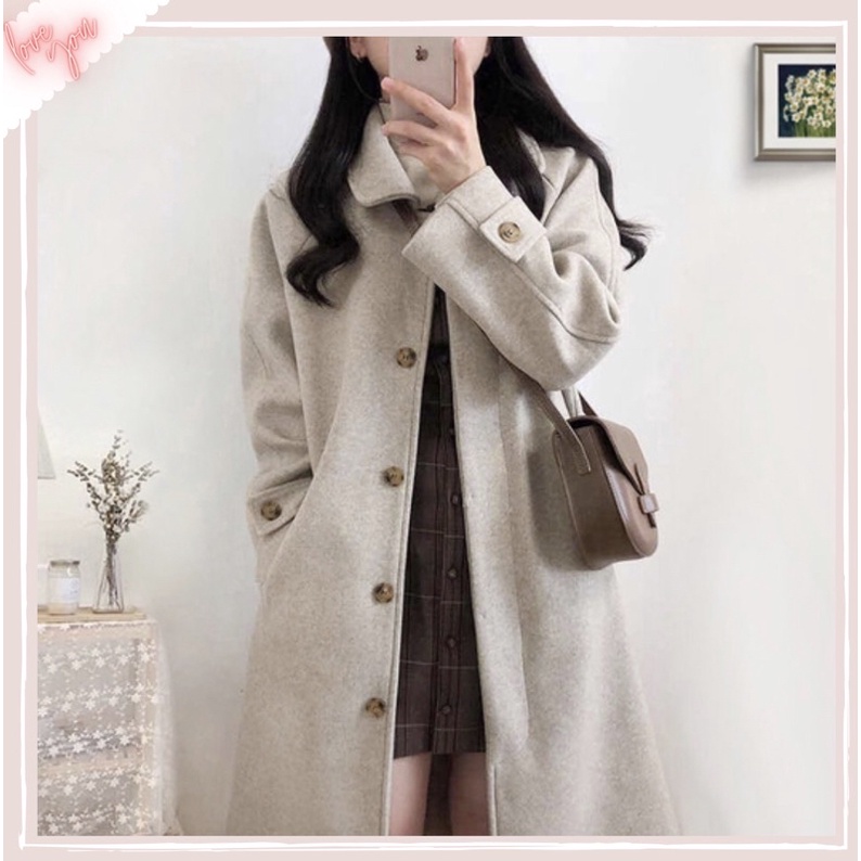 (Ảnh thật ở cuối) Áo dạ dáng dài 2 lớp phong cách Hàn Quốc 2 màu be và đen (ORDER 15-25 ngày)