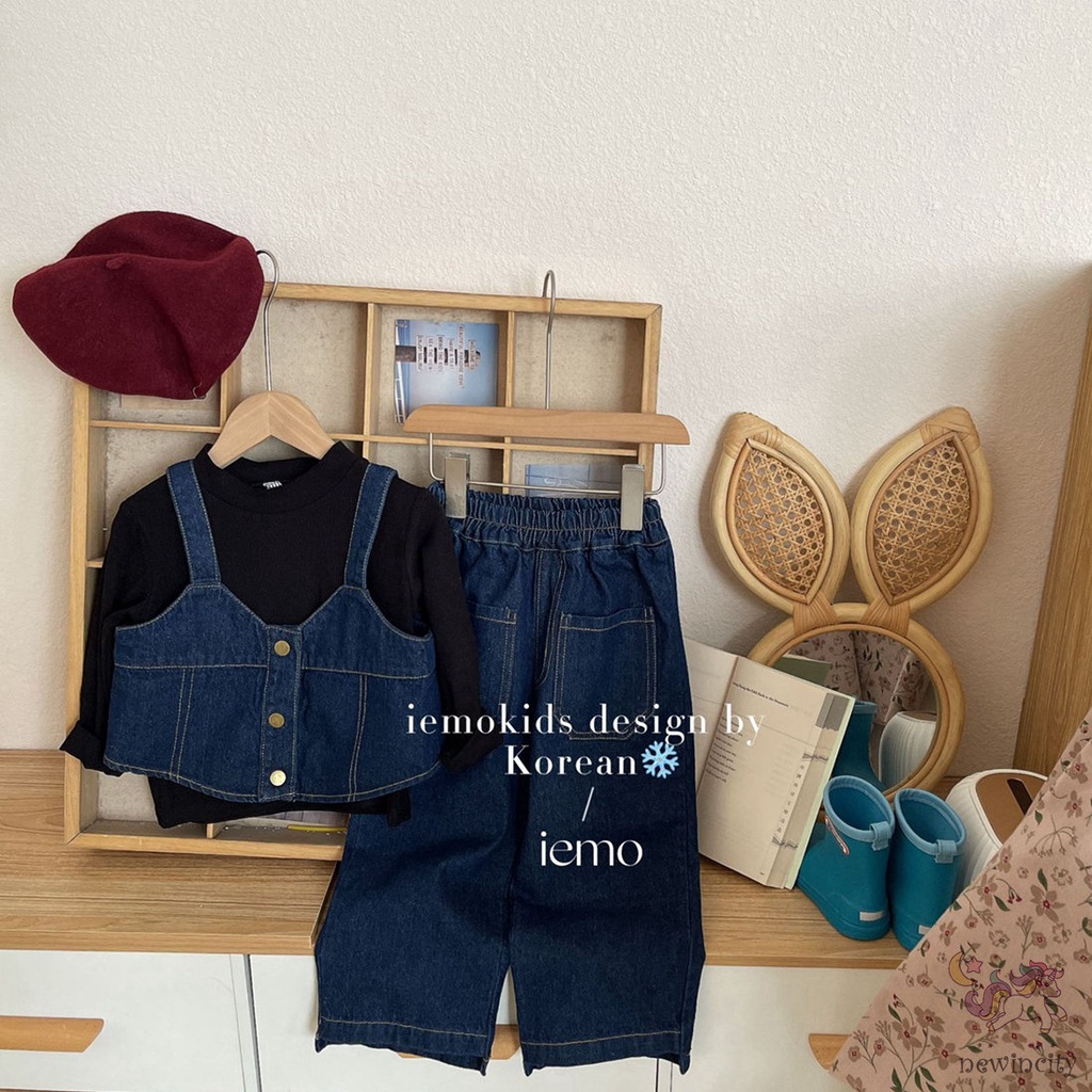 Set Đồ Mùa Đông 3 Món Gồm Áo Denim Không Tay + Áo Cổ Lọ + Quần Denim Phong Cách Hàn Quốc Cho Bé Gái