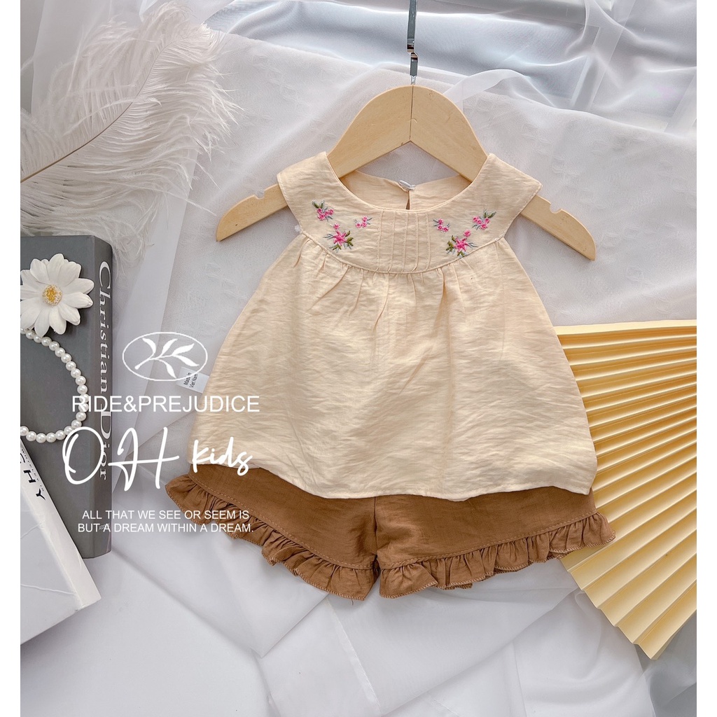 Đồ bộ cho bé gái - Bộ đũi thêu cành dáng babydoll cho bé gái