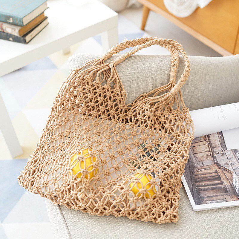 Túi lưới cá đeo vai đi biển - Macrame dây ngắn - size M
