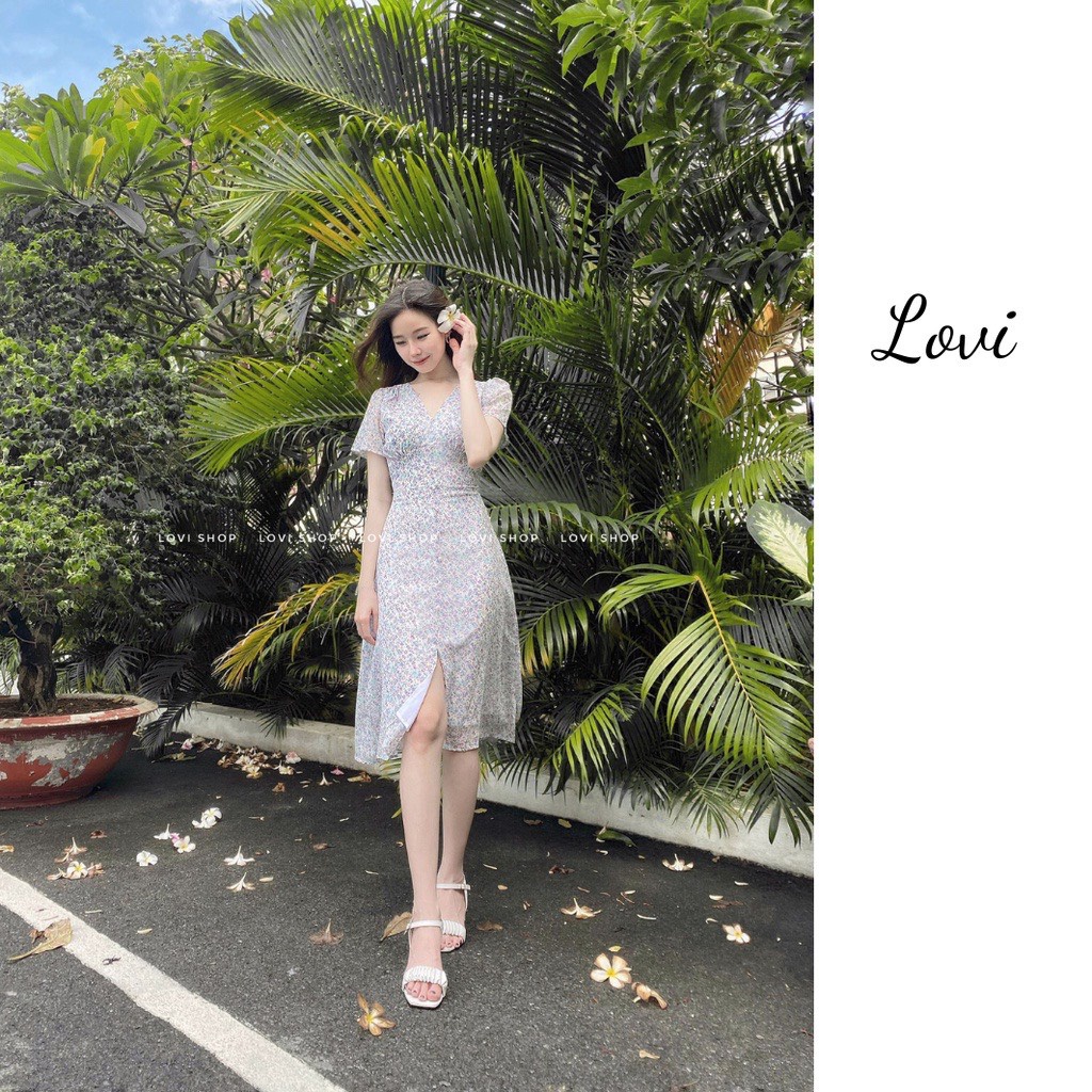 LOVI SHOP Váy đầm voan hoa nhí thiết kế nút ngọc cổ V phong cách thiểu thư vintage