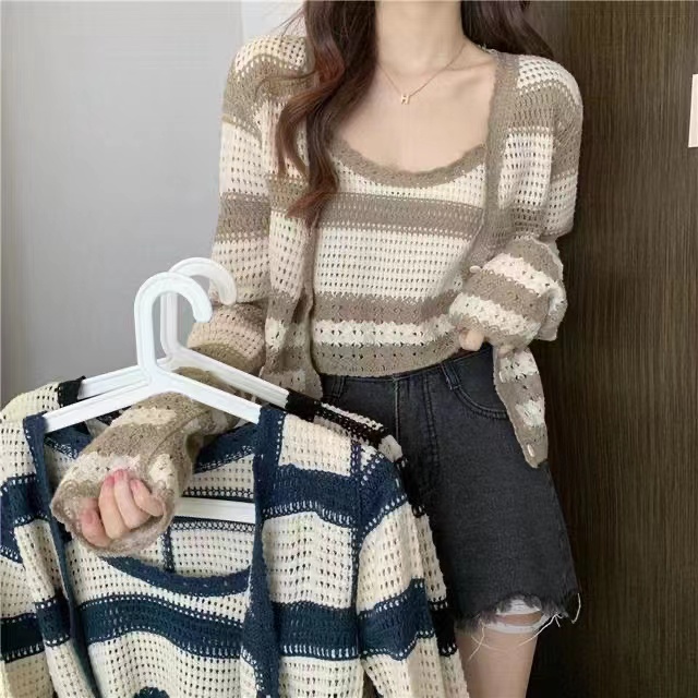 SUXI Set Áo Hai Dây Kẻ Sọc Ôm Dáng + Áo Khoác Cardigan Phong Cách Hàn Quốc Cho Nữ