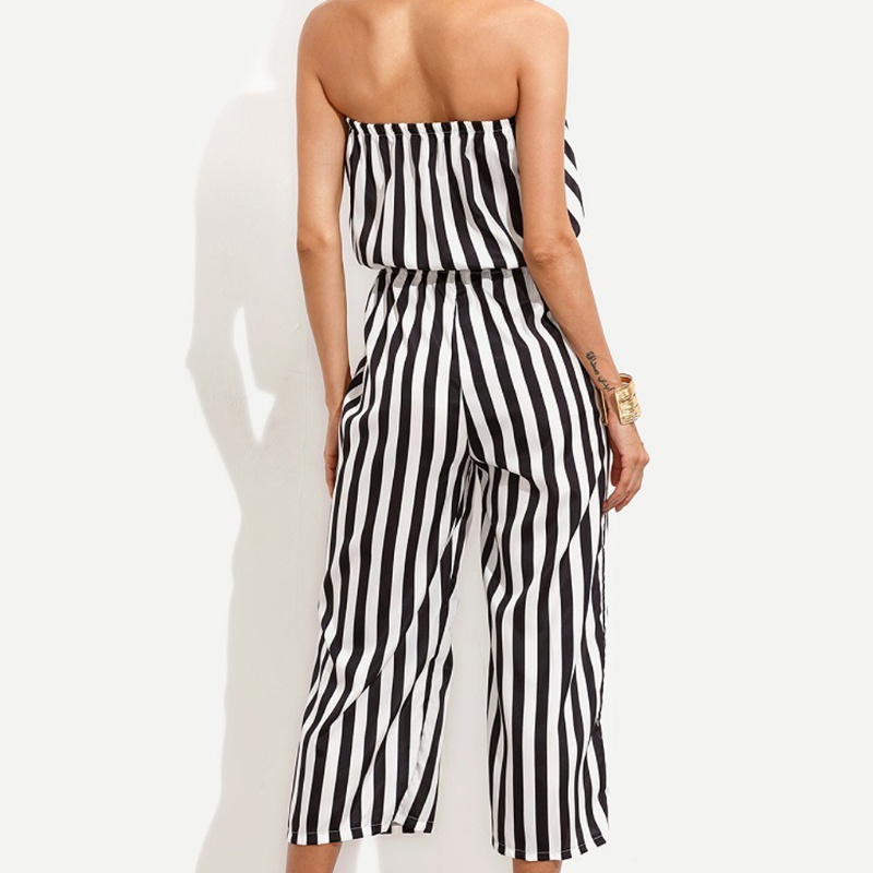 Bộ Áo Liền Quần Hở Vai Ống Rộng Họa Tiết Kẻ Sọc Thời Trang Mùa Hè Cho Nữ