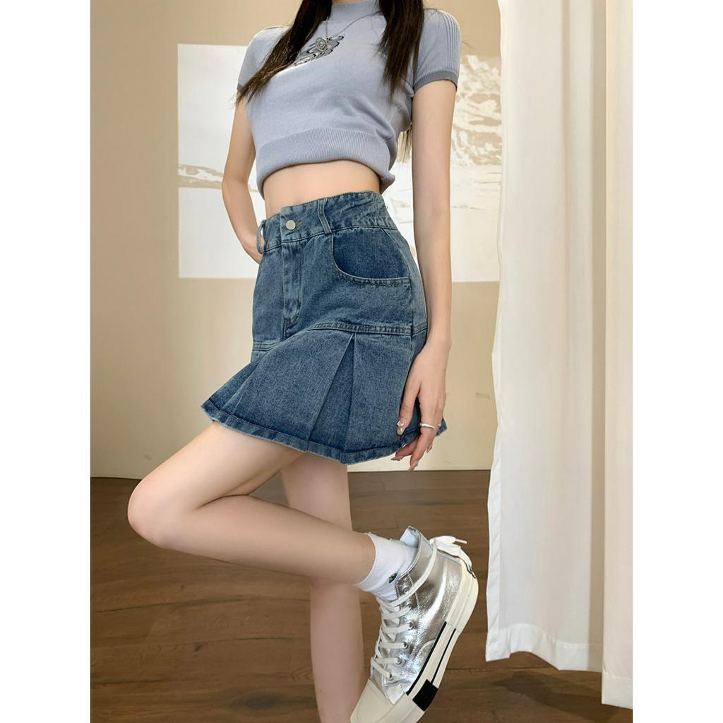 Lalisas Chân váy jean Ngắn Xếp Ly Dáng Chữ A Phong Cách retro Cao Cấp Cho Nữ