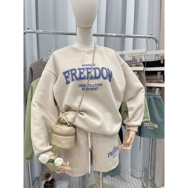 Set nỉ áo dài tay kèm quần đùi dáng rộng, set thu đông chất nỉ bông dày dặn phong cách ulzzang