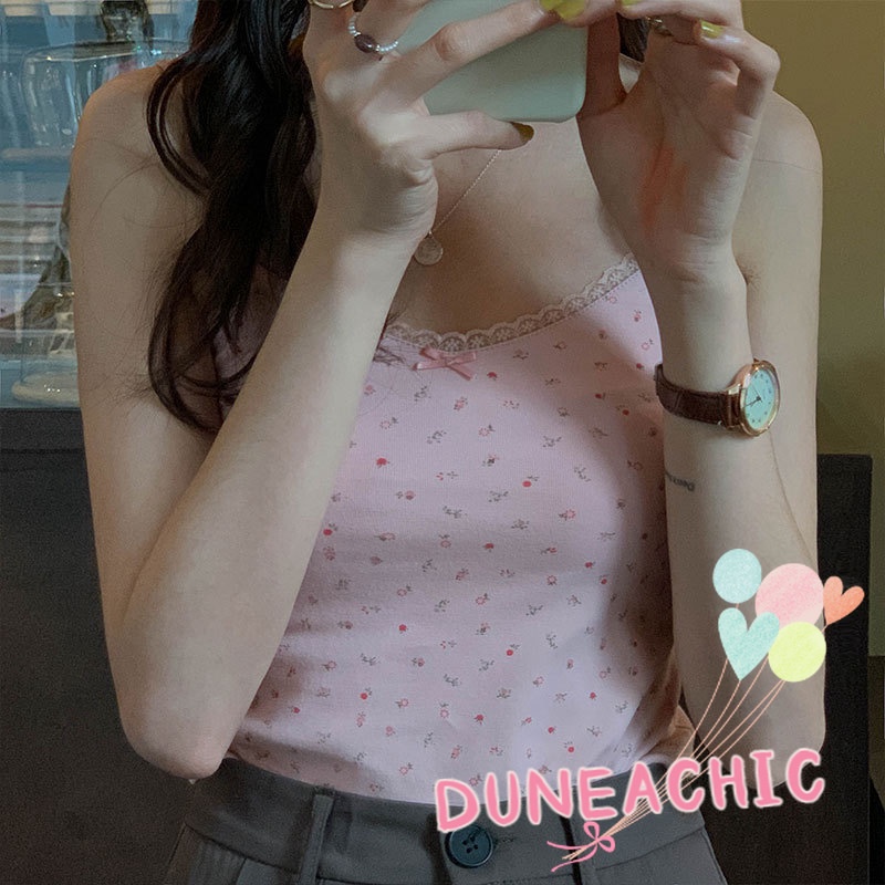 DUNEA Áo Hai Dây Phối Ren Hoa Ngọt Ngào Thời Trang Mùa Hè Cho Nữ