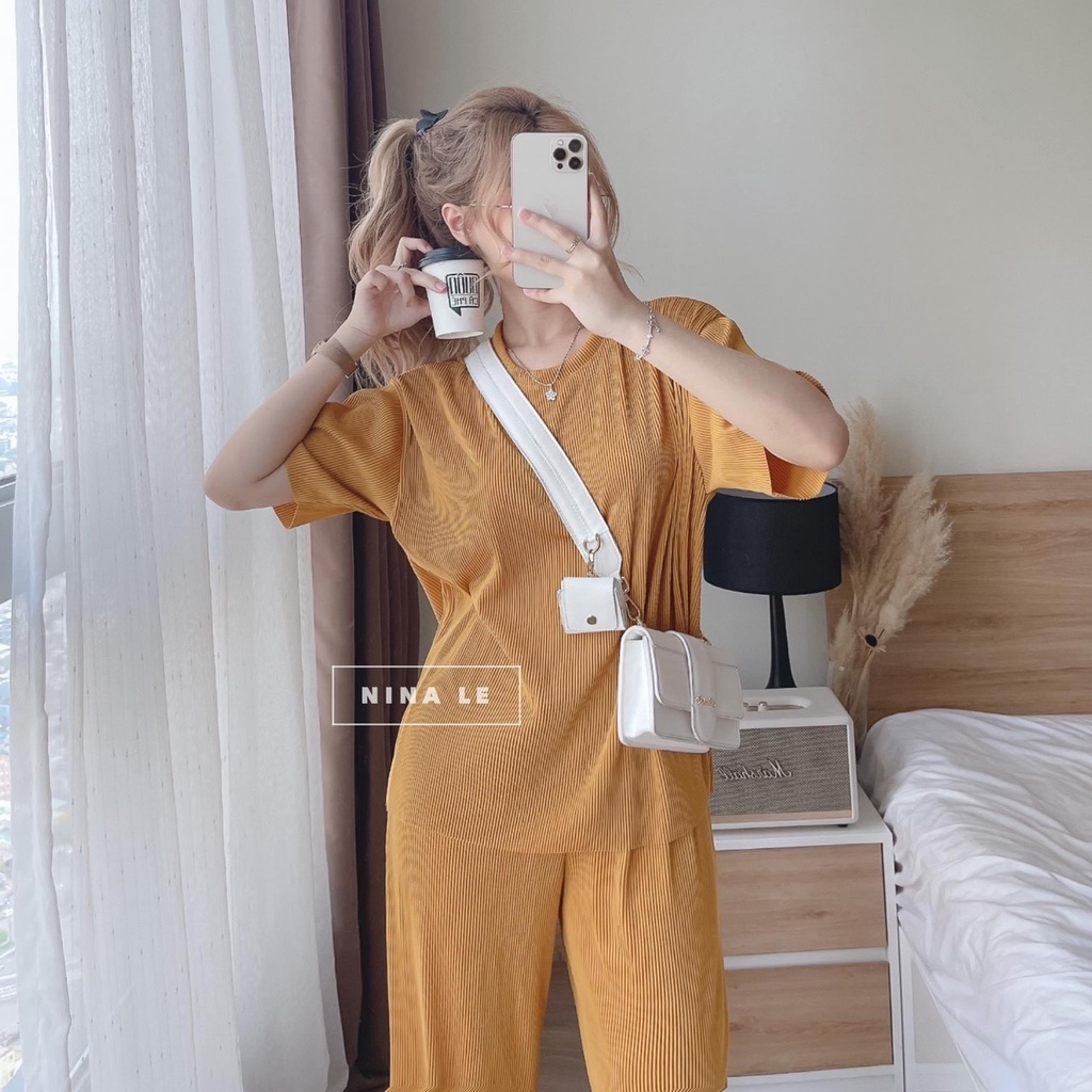 Set bộ thun dập ly quần dài. set bộ áo trơn màu cổ tròn basic quần suông ống rộng,bộ xếp ly dài dạo phố sang chảnh