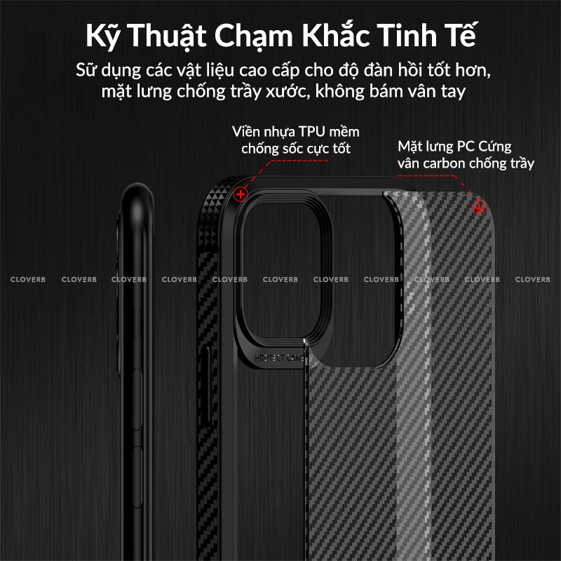 Ốp Lưng Carbon IPAKY Viền Vuông Chống Sốc Lưng Nhám mờ Chống Vân Tay Không Ố Vàng Viền Bảo Vệ Camera Cho 11 12 Pro Max