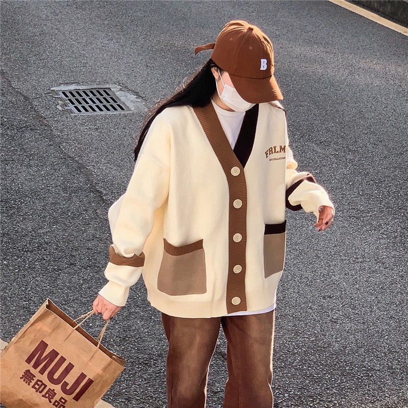 Áo Khoác cardigan Dệt Kim Cổ Chữ V Dáng Rộng Họa Tiết Thêu Thời Trang Theo Phong Cách Hàn Quốc