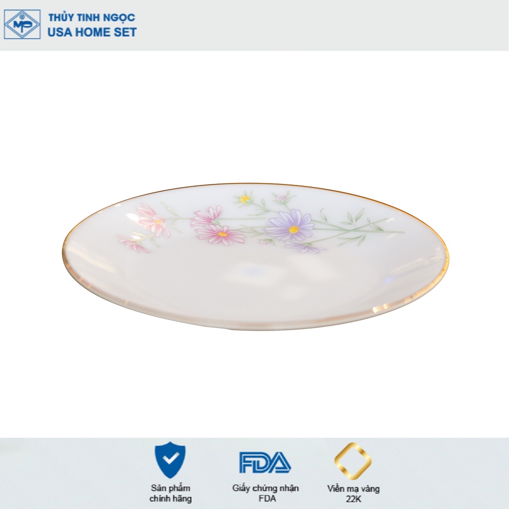 Đĩa tròn nông viền vàng 22K họa tiết hoa màu hồng Thủy Tinh Ngọc USA Homeset cao cấp nhập khẩu chính hãng