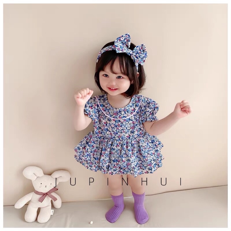 Body váy hoa xanh nhí công chúa cho bé gái 0-2 tuổi tặng kèm băng đô