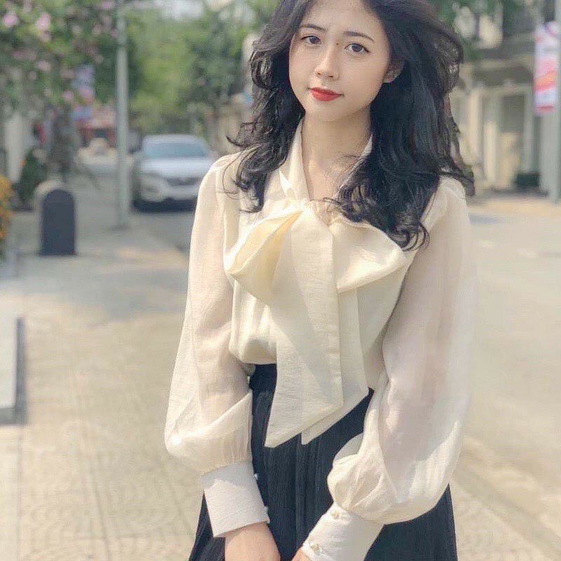 Áo Sơ Mi Cổ Nơ Tay Bồng❤️Áo Sơ Mi Cúc Ngọc Mặc Siêu Sang Chảnh ,Áo Sơ Mi Tiểu Thư Đủ Màu Trắng Và Be | BigBuy360 - bigbuy360.vn