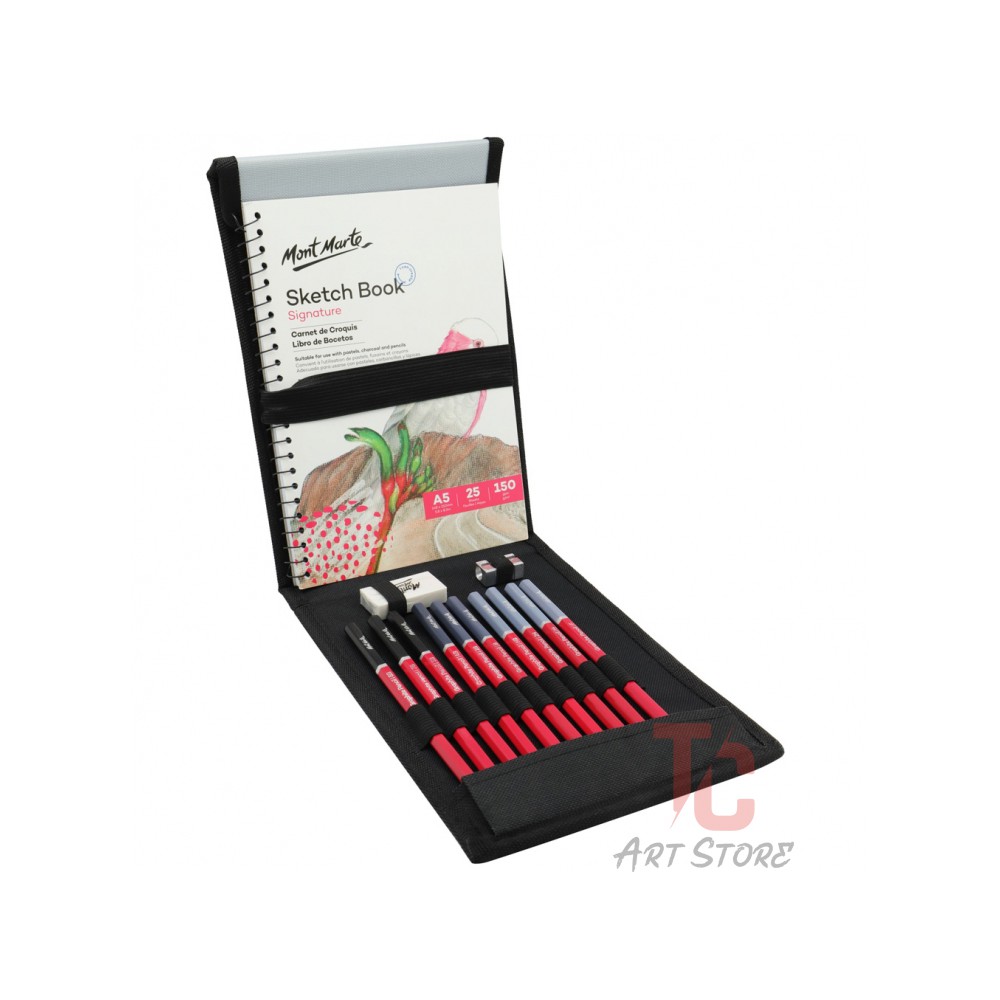 Bộ 14 Món Vẽ Chì, Phác Thảo Mont Marte Sketching Set (MMGS0029) ( 10 bút chì, sổ, gôm, gọt chì, ví đựng bút)