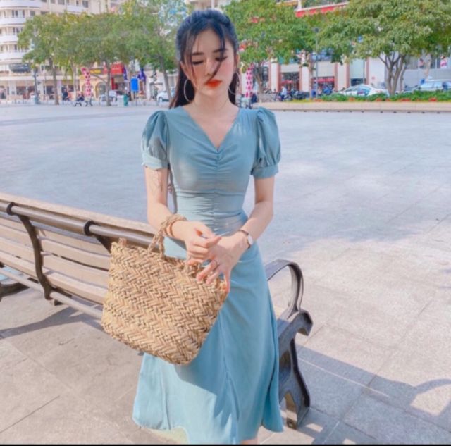 Đầm xoè tiểu thư màu xanh mint nhún eo