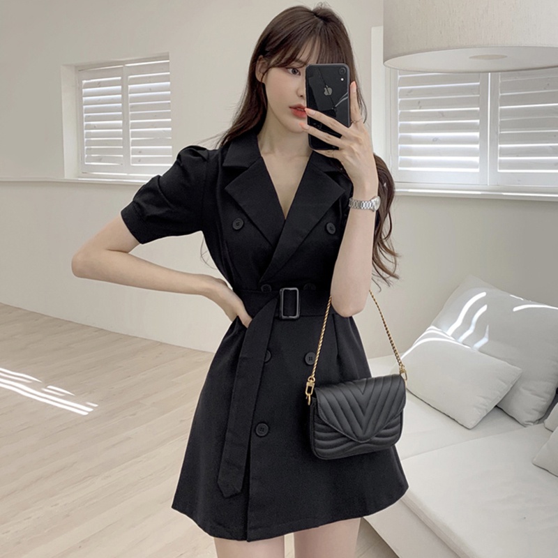 Đầm kaki ngắn cổ vest thắt eo hai hàng cúc công sở
