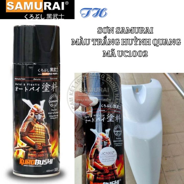 Sơn Xịt Samurai chuyên dùng cho xe máy màu nền trắng huỳnh quang  UC1002 chống cháy, chống rạn nứt, vòi xịt chống chảy