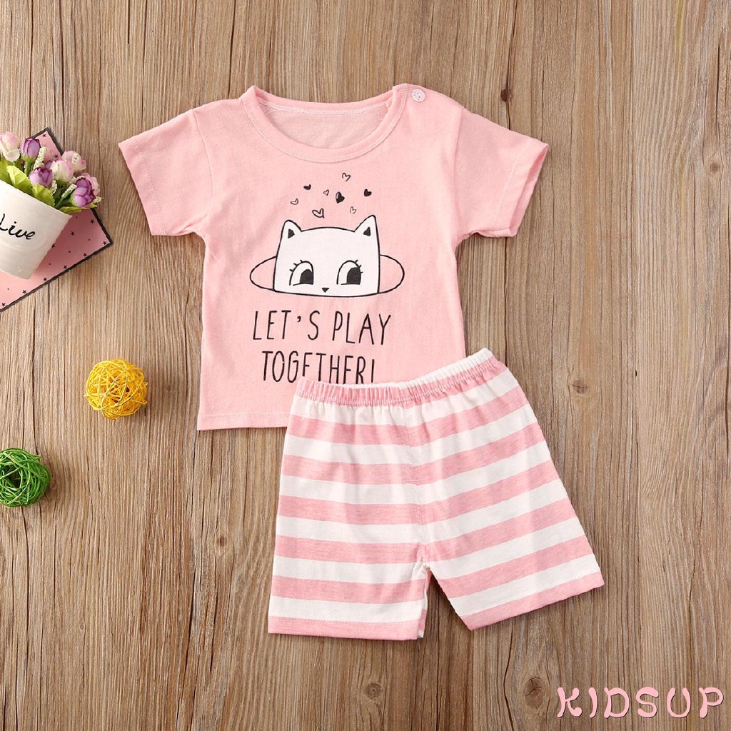 Áo Cotton Tay Ngắn Họa Tiết Hoạt Hình Màu Hồng Dễ Thương Cho Bé